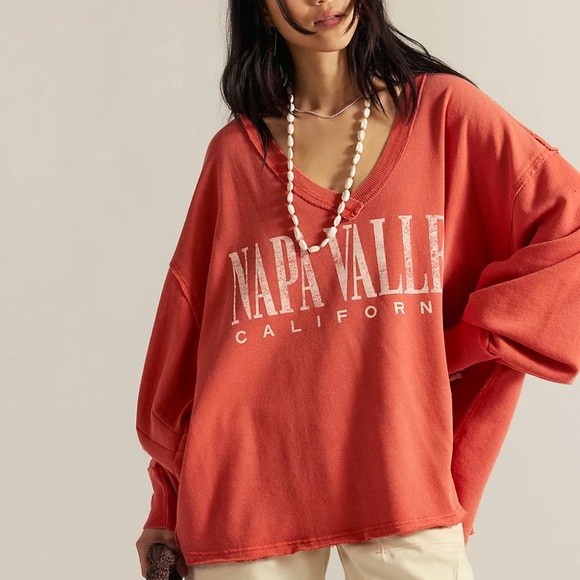 FREE PEOPLE VENICE V NECK PULLOVER NAPA VALLEY GRAPHICS DARK ORANGE M L - Picture 2 of 5